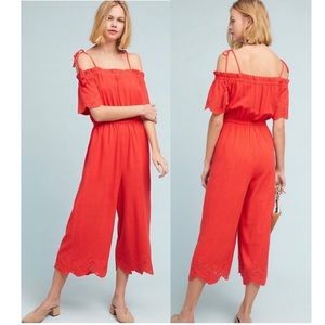 Anthropologie Linen Moon River Lela Wide-Leg Jumpsuit Tassel Red Coral